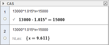 Vi kan løse likningen med CAS i GeoGebra Pengene må stå i banken i nesten fem år før det står 5 500 kroner på kontoen.