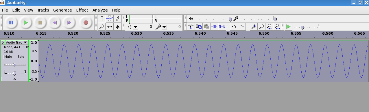 U našem primeru smo odabrali trajanje od 30 sekundi sa 0.8 amplitude. Pritiskom na dugme OK, Audacity će generisati sinusoidu frekvencije 440Hz u trajanju od 30 sekundi.