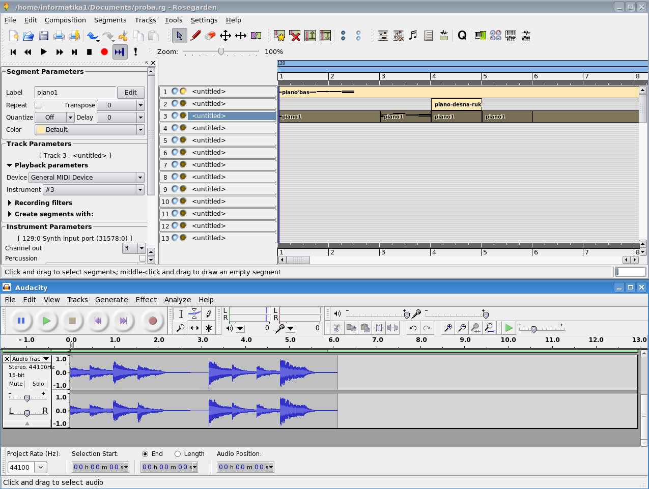 program Audacity prihvata audio signal iz Qsyntha koji se generiše zahvaljujući vezi između Rosegardena i Qsyntha Ako želimo da pratimo kako se izvršava snimanje, prozore oba programa možemo podesiti