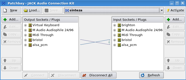 prikaz uspostavljenih konekcija između aplikacija U našem slučaju vidimo da su aktivne aplikacije vkeyboard, Bristol kao i Maudiophile zvučna karta koja audio signal svira preko ALSA pcm konekcije.