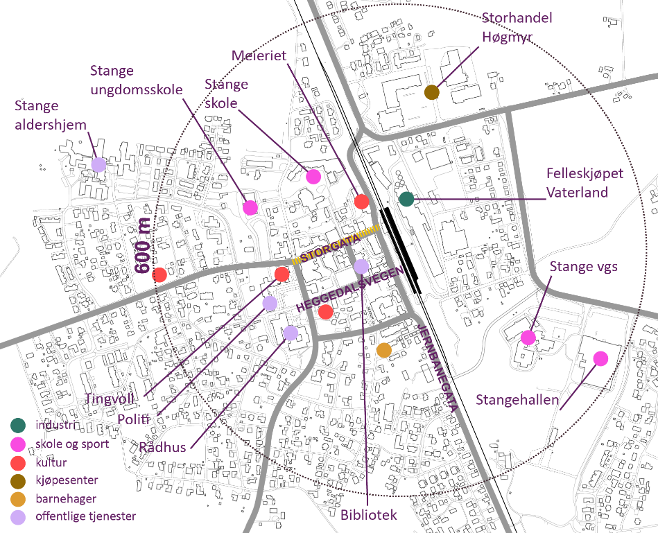 Figur 4-4: Stange - dagens nettverk med viktige funksjoner plottet inn 4.3 Hamar kommune Hamar kommune grenser til Ringsaker i vest, Stange i sør, Åmot i nordøst og Løten i øst.