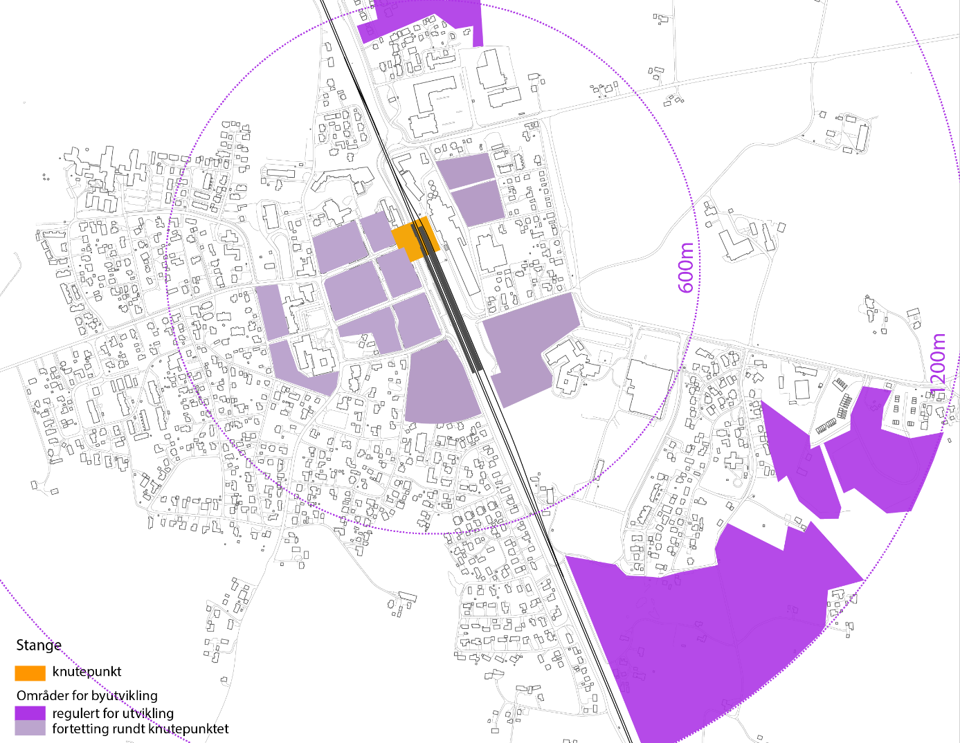 Til slutt tar rapporten for seg utbyggingspotensialet for Stangebyen og dets mulige videre utvikling, ettersom en ny stasjon vil kunne bidra til at Stange kommune og eksisterende sentrum får et