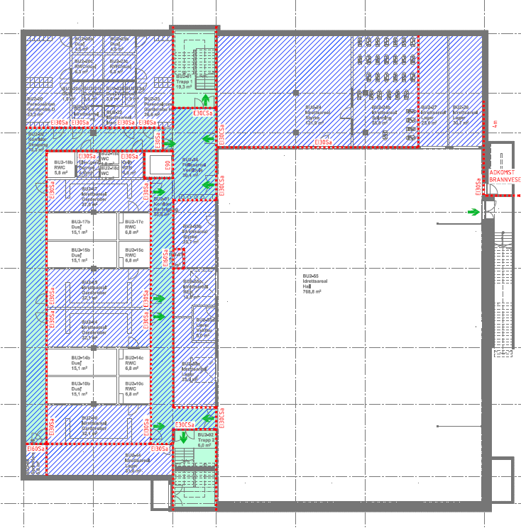 Figur 6-6: Branntegning for plan U2. Risikoklasse 5. Idrettshall, spinningssal, styrkerom og garderober skal benyttes av personer som nødvendigvis ikke er kjent.