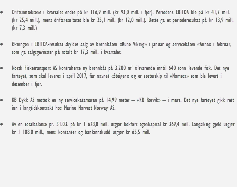 HOVEDPUNKTER 1. KVARTAL 2016 DRIFTSINNTEKTER (MNOK) EBITDA (MNOK) RESULTAT PR.