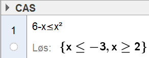 38 Ulikheter CAS i GeoGebra løser ikke ulikheter numerisk. Derfor må vi løse ulikheten eksakt, og deretter regne om til numerisk hvis vi ønsker en tilnærmet løsning.