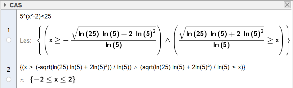 53 Likningen ln( x 5) ln( 2 x ) i CAS. I den reelle verden er jo dette ikke en løsning. Men det er det for dem som beveger seg i den komplekse verden.