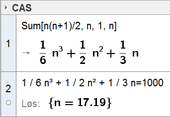61 NB! Hvis vi bruker kommandoen Sum[n 2 +n,n,1,100] ovenfor, kan vi møte dette: Da kan vi utvide «regnetiden»: CAS-Time-out Klikk på Innstillinger og på Avansert.
