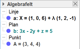 72 Plan gitt ved likning. Avstand fra punkt til linje Vi bruker kommandoen Avstand[<Punkt>,<Linje>] (Avstand[(4,5,1),a]).