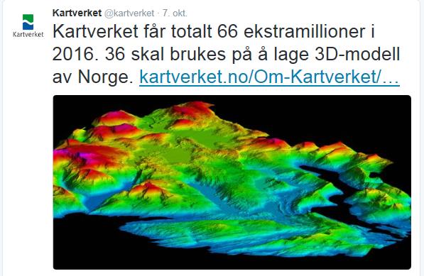 Satsing på høydedata Regjeringen bevilger 36 millioner til ny høydemodell for 2016 Pilotprosjekt startet i 2015 Felles nasjonal høydemodell i løpet av 5 år «En slik digital 3D-modell vil bidra til å