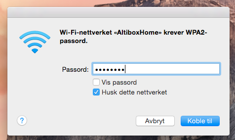 ALTIBOX FIBERBREDBÅND 4 Oppkobling av Mac til internett med OS 2. Klikk på Airport- ikonet oppe til høyre på skjermen og velg ditt nettverk.