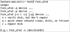 18 Du kan også utføre disse operasjonene fra kommandolinjen: Start kommandolinjen: Programmer > Verktøy > Terminal; Skriv inn fsck_ufsd for å få hjelp.