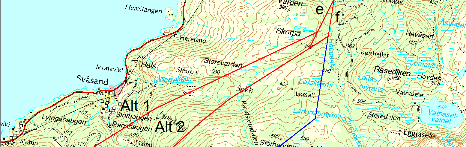 3.2.2 Hovedalternativ 2 (alternativ 2-ad-e/f, 2-b-e/f, 2-c-e/f) Fra Eidesfossen er det vurdert 3 stk ulike delalternativer for alternativ 2: Figur 3.