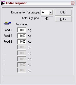 ALPRO Windows 6.60/Fôring Gruppenummer Fôrtyper tilgjengelig for gruppen. Figur 8. - Velg gruppen du vil justere rasjonene for. - Klikk i tekstboksen for fôret du vil endre.