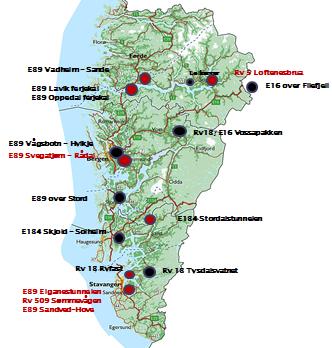 Kort om dei største prosjekta på: E39 gjennom: Sogn- og Fjordane Hordaland Rogaland E16 gjennom: Sogn- og Fjordane