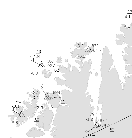 Tråg: Kraftige snøbyger organisert langs en linje og kraftig pålandsvind foran tråget Fruholmen fyr Fruholmen fyr Max middelvind: