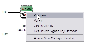 7. Når det er gjort får en opp et bilde som nedenfor. 8. En velger Program på menyen som spretter opp når en høyreklikker på enheten (bilde av FPGA-en). 9.