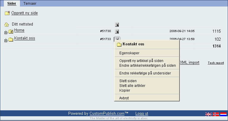 3. Sideadministrasjon Slette sider Du kan slette en side ved å klikke på den grå boksen til høyre for sidenavnet, og velge "Slett siden".