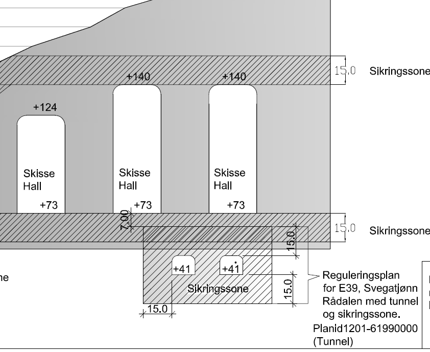 Fana Stein Byggetrinn 2 Risikovurdering av rystelser fra sprengning på ny E39 multiconsult.no Figur 2. Utsnitt av tegning som viser tverrsnitt av typisk kryssing mellom tunell og bergrom.