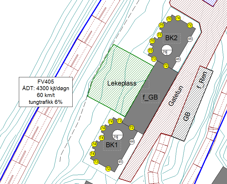 N Figur 3 - Høyeste beregnede maksimalt støynivå (L 5AF). Det er mer enn 10 hendelser av tungtrafikk om natten på fylkesveien.