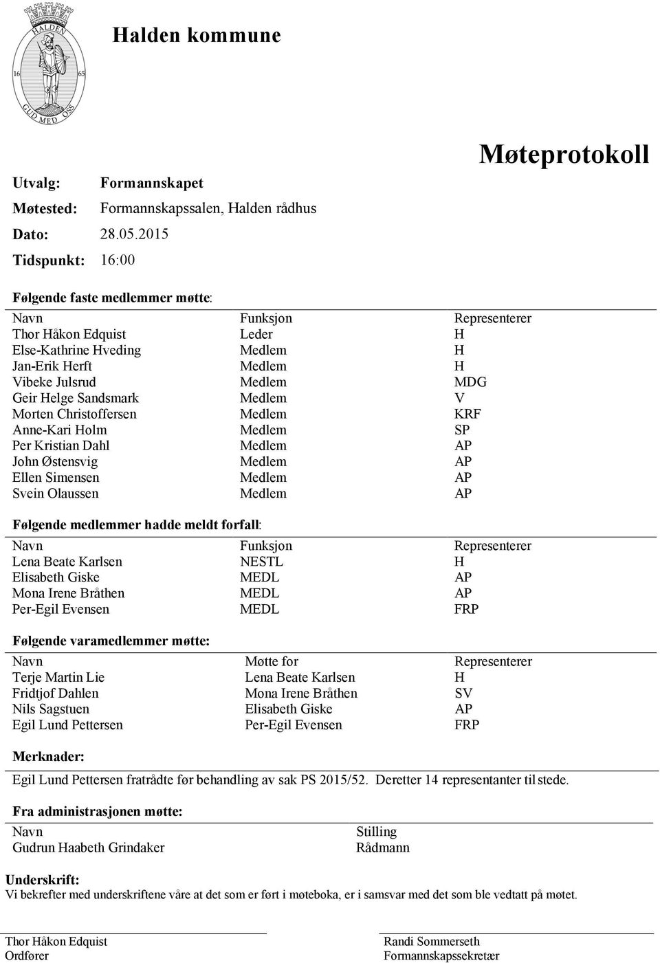 MDG Geir Helge Sandsmark Medlem V Morten Christoffersen Medlem KRF Anne-Kari Holm Medlem SP Per Kristian Dahl Medlem AP John Østensvig Medlem AP Ellen Simensen Medlem AP Svein Olaussen Medlem AP