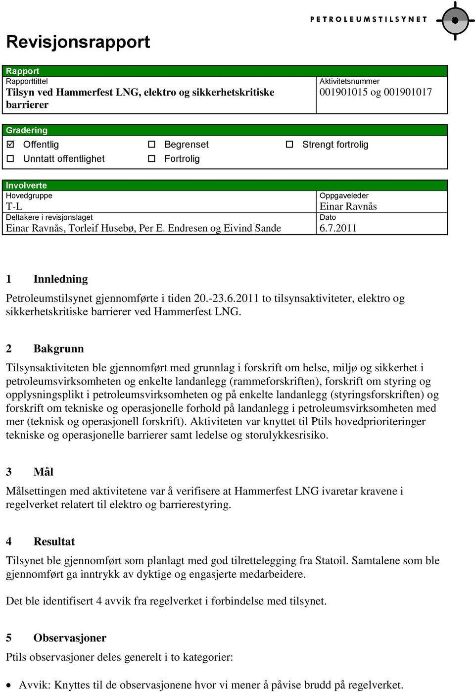 2011 Dato 1 Innledning Petroleumstilsynet gjennomførte i tiden 20.-23.6.2011 to tilsynsaktiviteter, elektro og sikkerhetskritiske barrierer ved Hammerfest LNG.