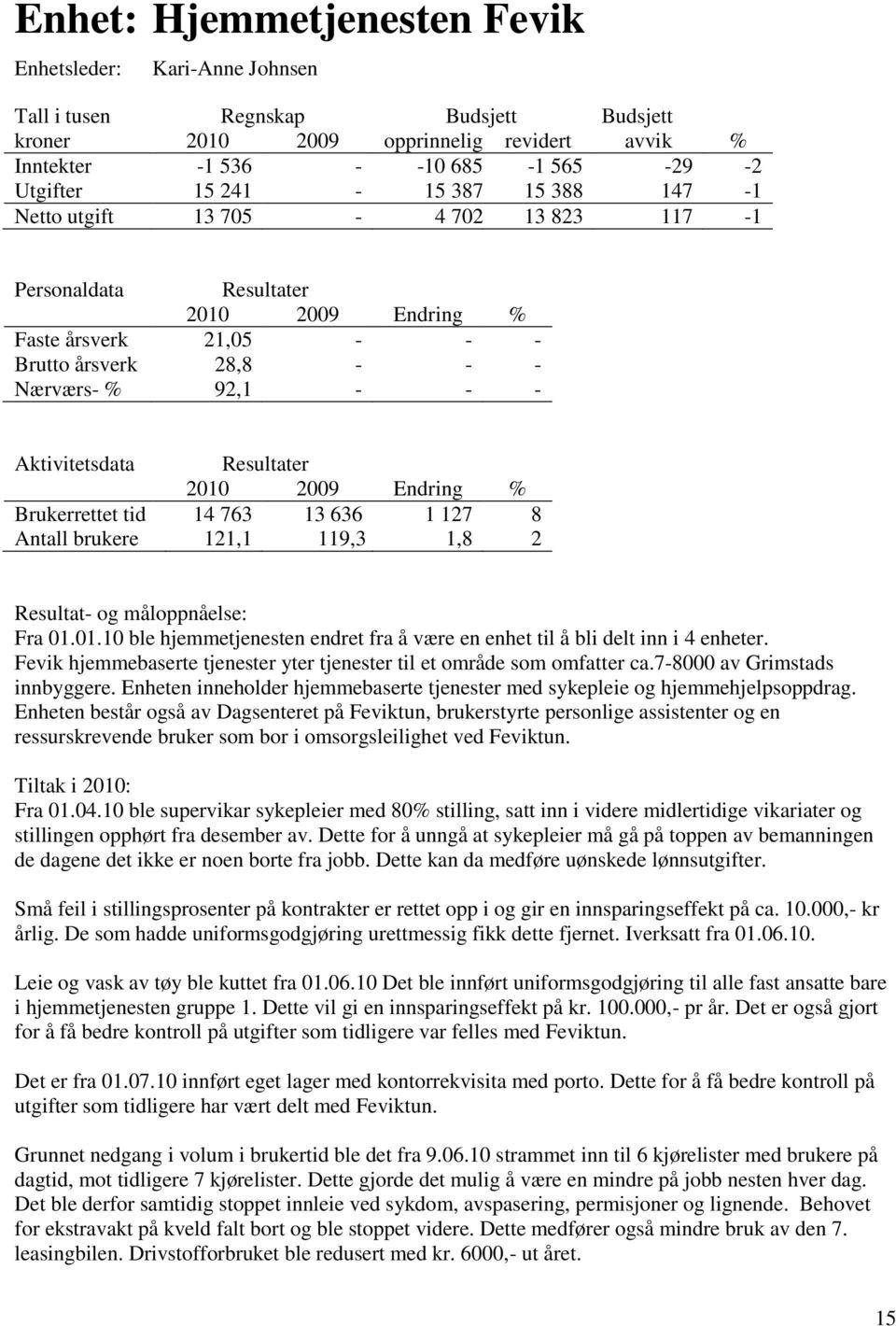 Fra 01.01.10 ble hjemmetjenesten endret fra å være en enhet til å bli delt inn i 4 enheter. Fevik hjemmebaserte tjenester yter tjenester til et område som omfatter ca.7-8000 av Grimstads innbyggere.