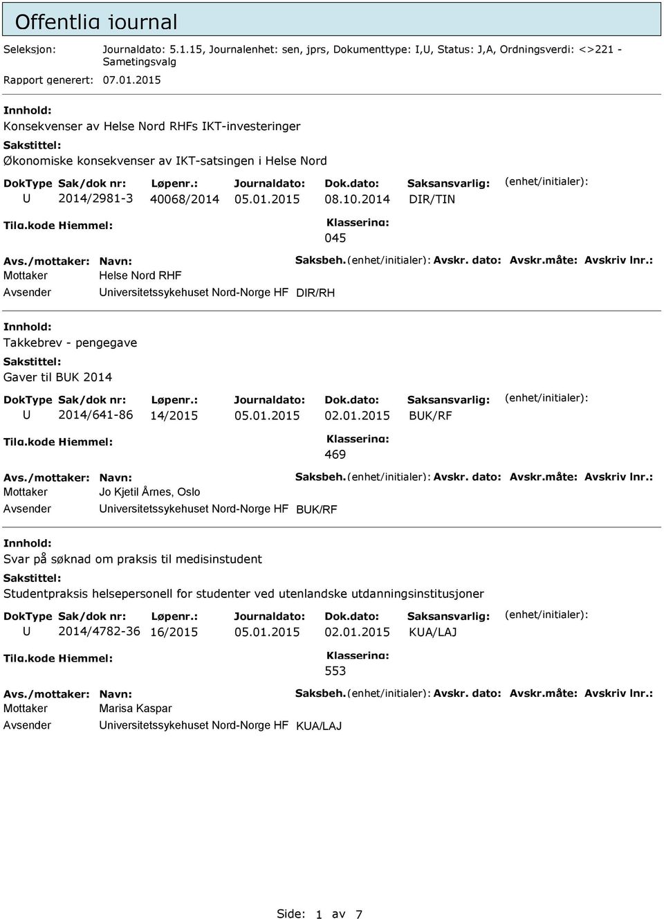 måte: Avskriv lnr.: Mottaker Helse Nord RHF niversitetssykehuset Nord-Norge HF DR/RH Takkebrev - pengegave Gaver til BK 2014 2014/641-86 14/2015 BK/RF 469 Avs./mottaker: Navn: Saksbeh. Avskr. dato: Avskr.