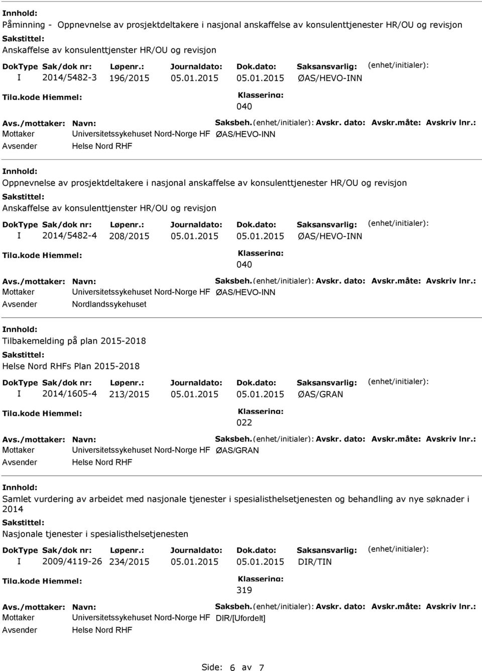 : Mottaker niversitetssykehuset Nord-Norge HF ØAS/HEVO-NN Helse Nord RHF Oppnevnelse av prosjektdeltakere i nasjonal anskaffelse av konsulenttjenester HR/O og revisjon Anskaffelse av