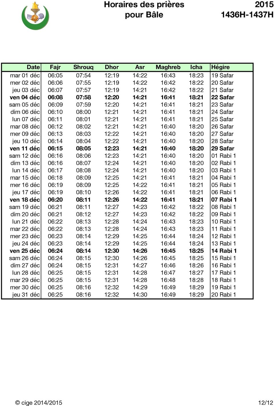 08 déc 06:12 08:02 12:21 14:21 16:40 18:20 26 Safar mer 09 déc 06:13 08:03 12:22 14:21 16:40 18:20 27 Safar jeu 10 déc 06:14 08:04 12:22 14:21 16:40 18:20 28 Safar ven 11 déc 06:15 08:05 12:23 14:21