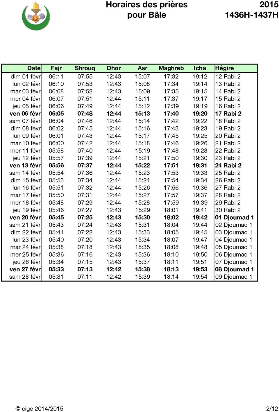 18 Rabi 2 dim 08 févr 06:02 07:45 12:44 15:16 17:43 19:23 19 Rabi 2 lun 09 févr 06:01 07:43 12:44 15:17 17:45 19:25 20 Rabi 2 mar 10 févr 06:00 07:42 12:44 15:18 17:46 19:26 21 Rabi 2 mer 11 févr