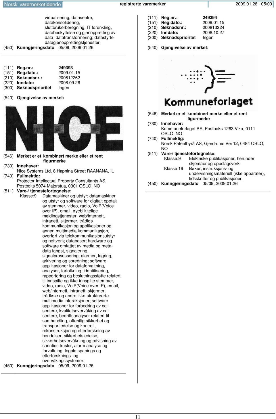 (111) Reg.nr.: 249394 (151) Reg.dato.: 2009.01.15 (210) Søknadsnr.: 200813324 (220) Inndato: 2008.10.27 (300) Søknadsprioritet Ingen (111) Reg.nr.: 249393 (151) Reg.dato.: 2009.01.15 (210) Søknadsnr.: 200812262 (220) Inndato: 2008.