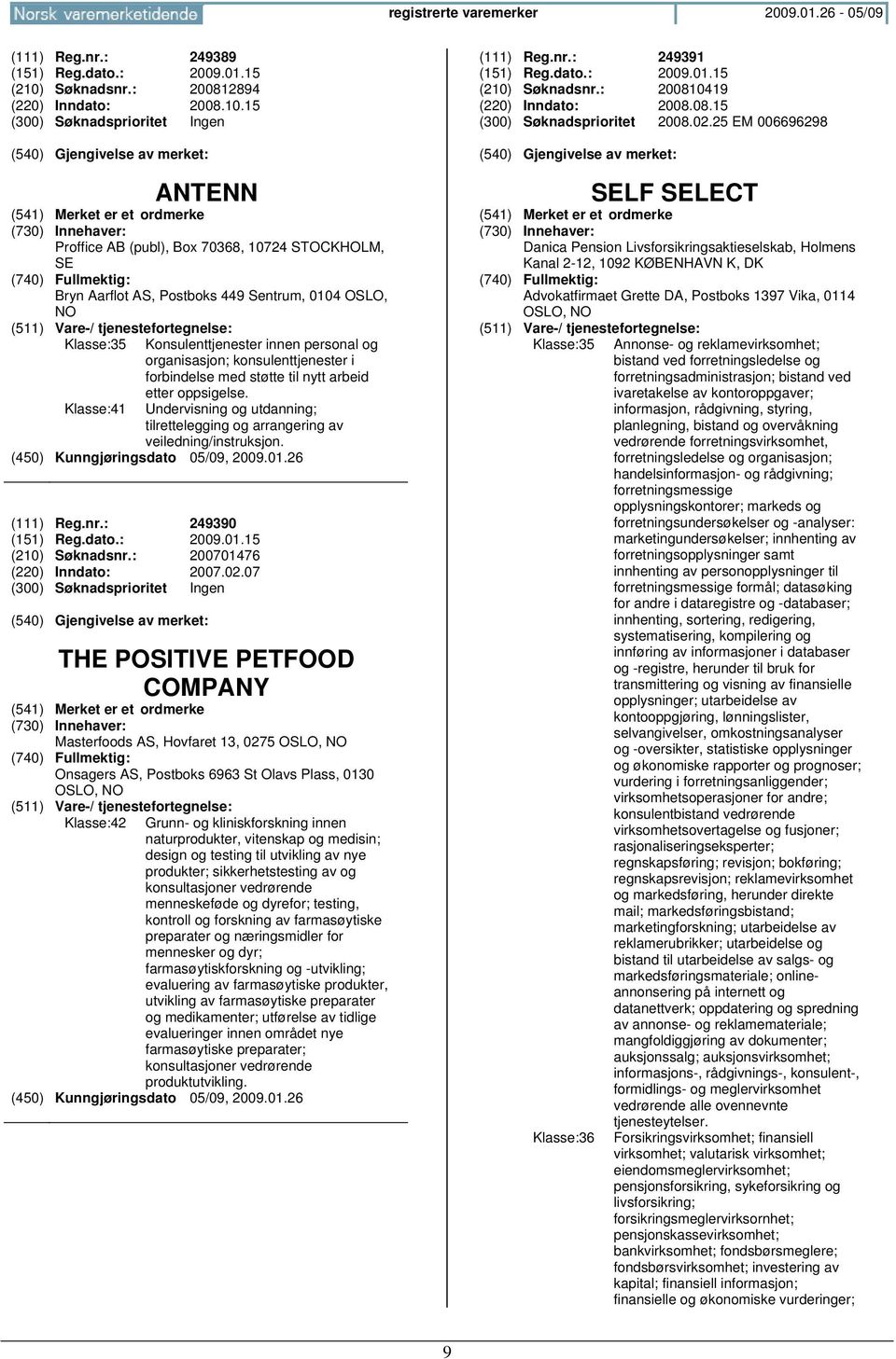 15 (300) Søknadsprioritet Ingen ANTENN Proffice AB (publ), Box 70368, 10724 STOCKHOLM, SE Bryn Aarflot AS, Postboks 449 Sentrum, 0104 OSLO, Klasse:35 Konsulenttjenester innen personal og