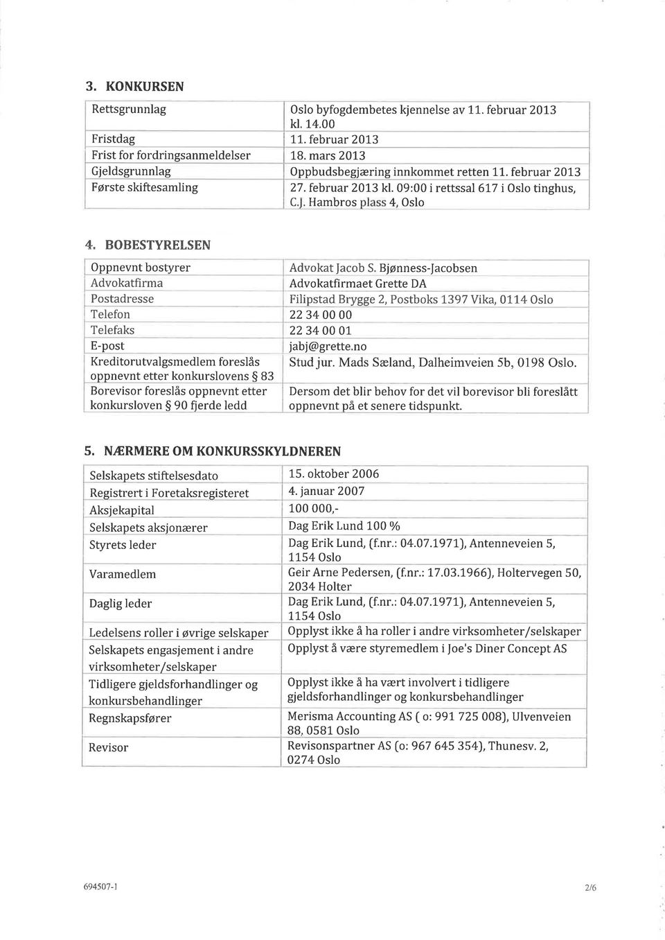 BOBESTYRETSEN Oppnevnt bostyrer Advokat facob S Bjønness-facobsen Advokatfirma Advokatfirmaet Grette DA Postadresse Filipstad Brygge 2, Postboks 1397 Yika,0114 Oslo Telefon Telefaks 2234 00 00 2234