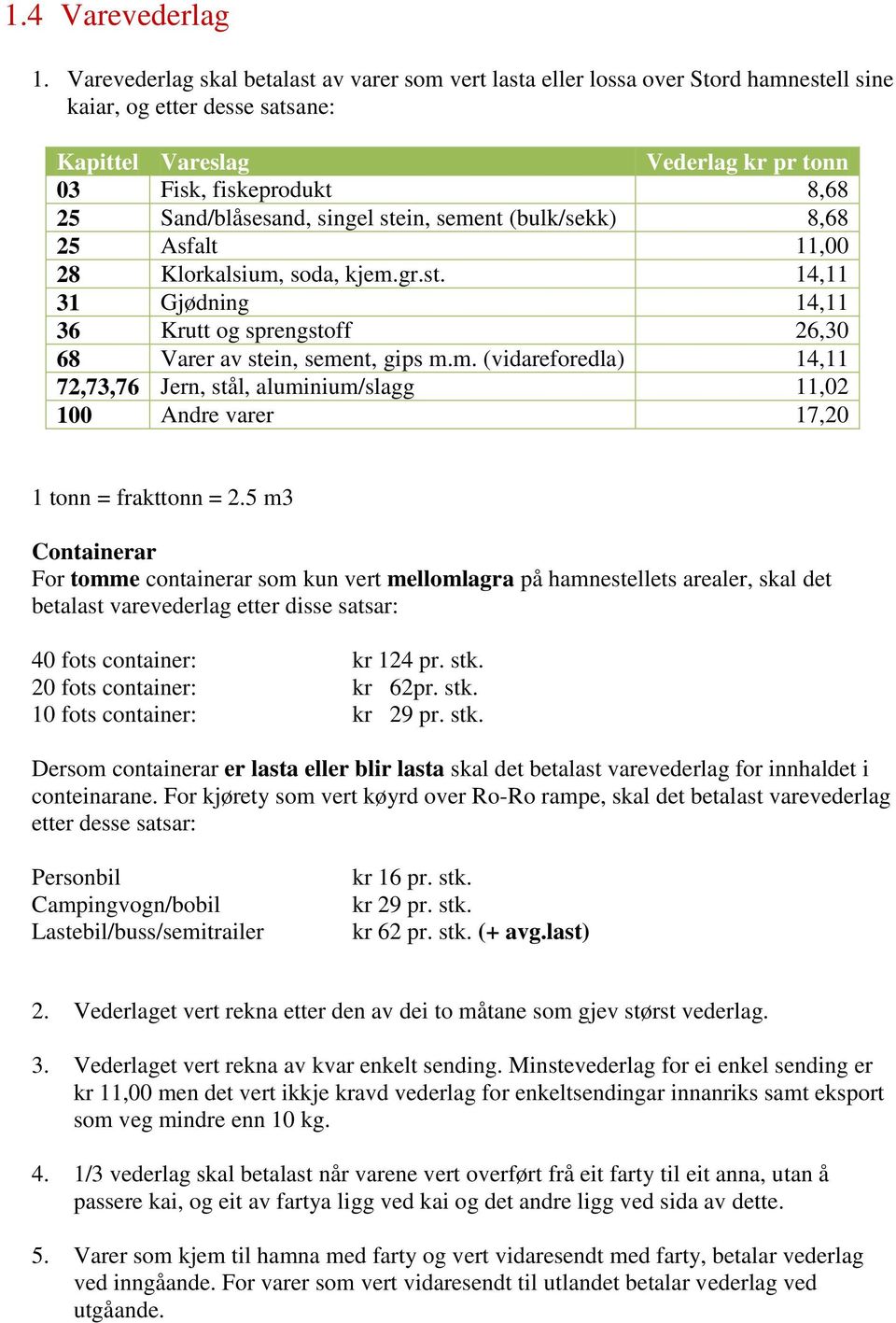 Sand/blåsesand, singel stein, sement (bulk/sekk) 8,68 25 Asfalt 11,00 28 Klorkalsium, soda, kjem.gr.st. 14,11 31 Gjødning 14,11 36 Krutt og sprengstoff 26,30 68 Varer av stein, sement, gips m.m. (vidareforedla) 14,11 72,73,76 Jern, stål, aluminium/slagg 11,02 100 Andre varer 17,20 1 tonn = frakttonn = 2.