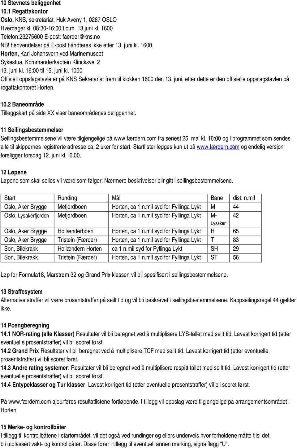 juni, etter dette er den offisielle oppslagstavlen på regattakontoret Horten. 10.2 Baneområde Tilleggskart på side XX viser baneområdenes beliggenhet.