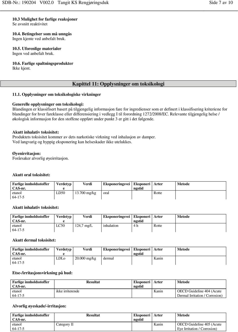 .6. Farlige spaltningsprodukter Ikke kjent. 11