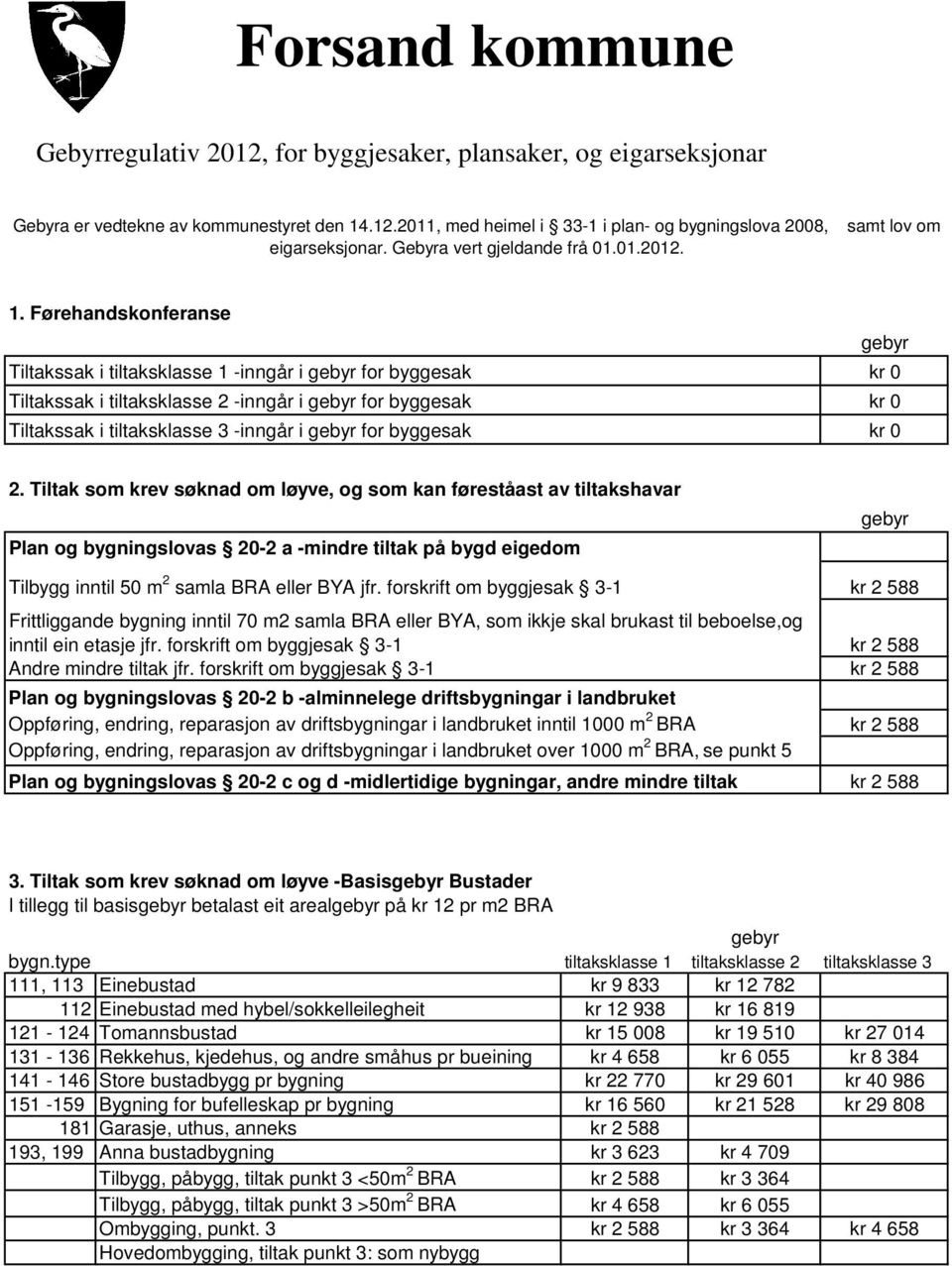 Førehandskonferanse Tiltakssak i tiltaksklasse 1 -inngår i for byggesak kr 0 Tiltakssak i tiltaksklasse 2 -inngår i for byggesak kr 0 Tiltakssak i tiltaksklasse 3 -inngår i for byggesak kr 0 2.