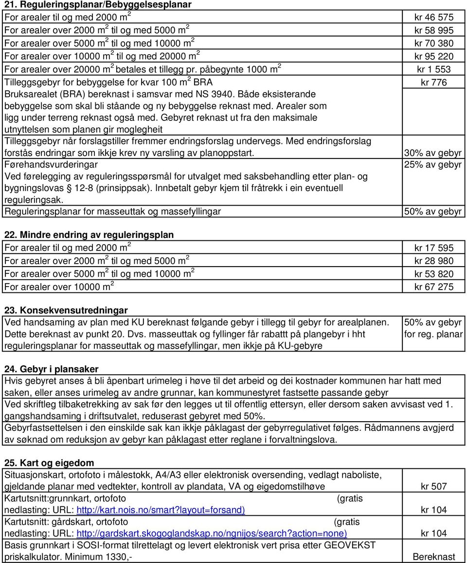 påbegynte 1000 m 2 kr 1 553 Tilleggs for bebyggelse for kvar 100 m 2 BRA kr 776 Bruksarealet (BRA) bereknast i samsvar med NS 3940.