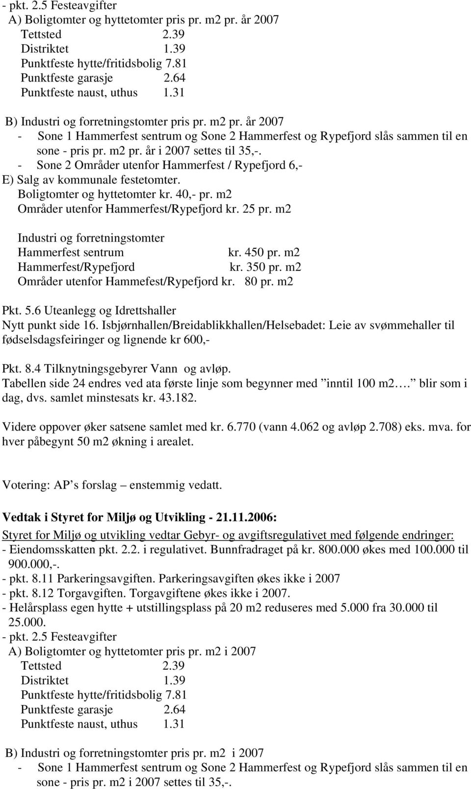 - Sone 2 Områder utenfor Hammerfest / Rypefjord 6,- E) Salg av kommunale festetomter. Boligtomter og hyttetomter kr. 40,- pr. m2 Områder utenfor Hammerfest/Rypefjord kr. 25 pr.