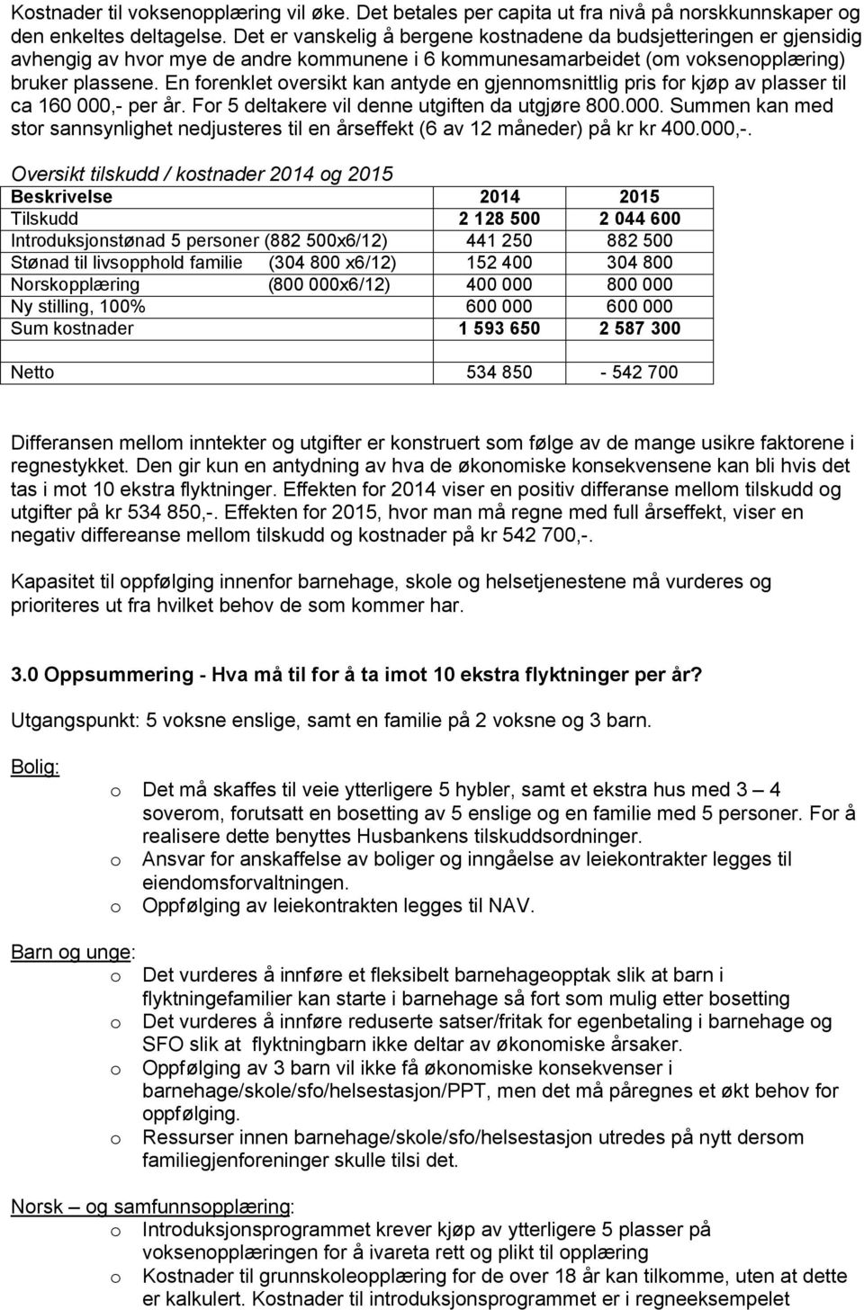 En forenklet oversikt kan antyde en gjennomsnittlig pris for kjøp av plasser til ca 160 000,- per år. For 5 deltakere vil denne utgiften da utgjøre 800.000. Summen kan med stor sannsynlighet nedjusteres til en årseffekt (6 av 12 måneder) på kr kr 400.