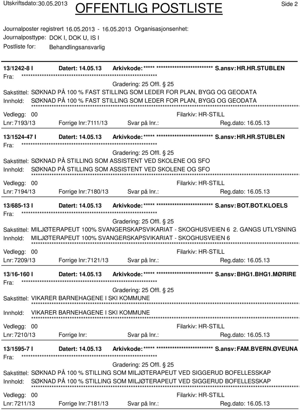 Svar på lnr.: 13/1524-47 I Datert: 14.05.13 Arkivkode:***** ****************************** S.ansv: HR.HR.STUBLEN Lnr: 7194/13 Forrige lnr:7180/13 Svar på lnr.: 13/685-13 I Datert: 14.05.13 Arkivkode:***** ****************************** S.ansv: BOT.