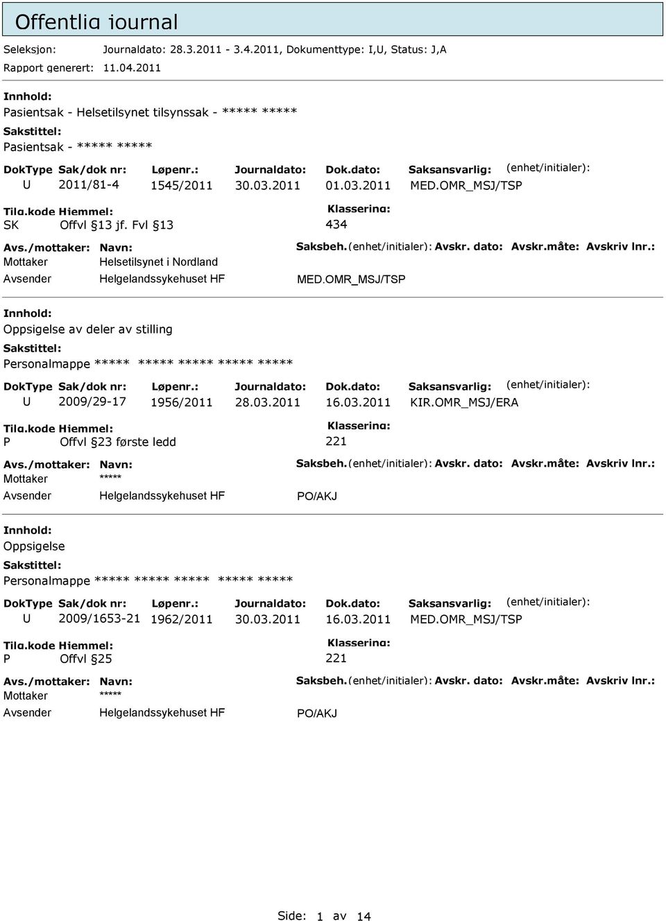 måte: Avskriv lnr.: Mottaker Helsetilsynet i Nordland MED.OMR_MSJ/TS nnhold: Oppsigelse av deler av stilling ersonalmappe ***** ***** ***** ***** ***** 2009/29-17 1956/2011 16.03.2011 KR.