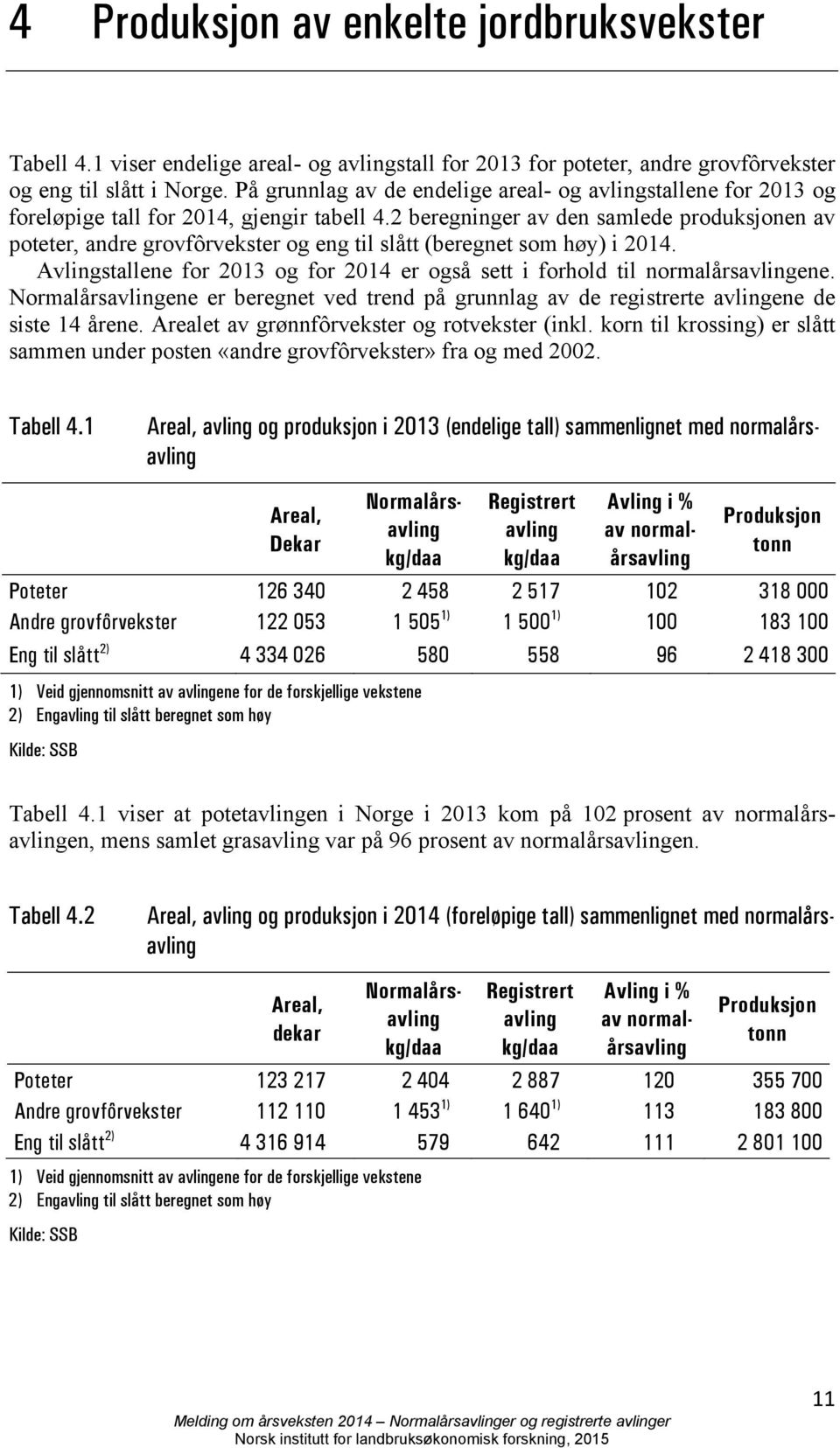 2 beregninger av den samlede produksjonen av poteter, andre grovfôrvekster og eng til slått (beregnet som høy) i 2014.