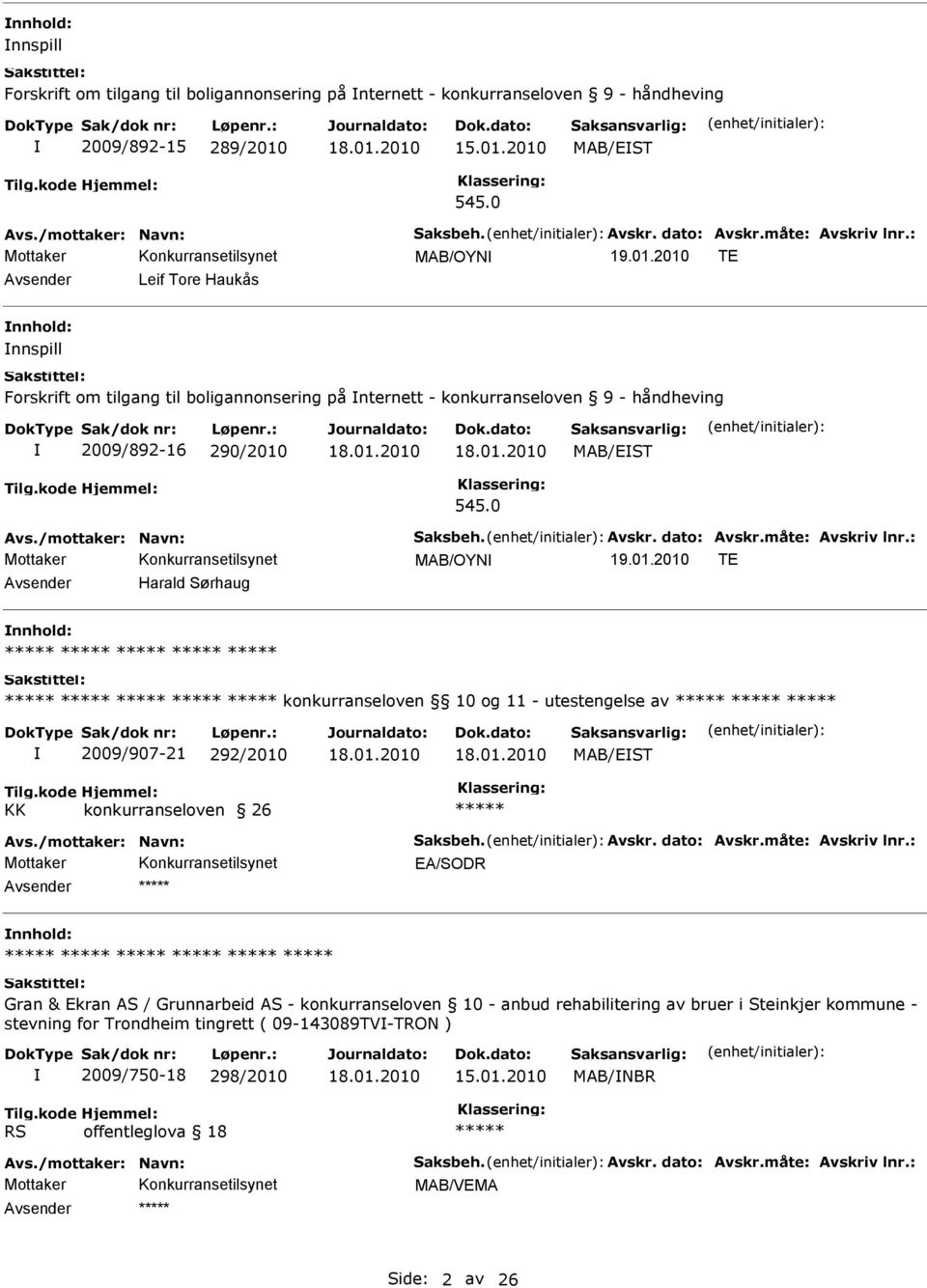 0 MAB/OYN TE Avsender Harald Sørhaug nnhold: ***** ***** ***** ***** ***** ***** ***** ***** ***** ***** konkurranseloven 10 og 11 - utestengelse av ***** ***** ***** 2009/907-21 292/2010 MAB/EST KK