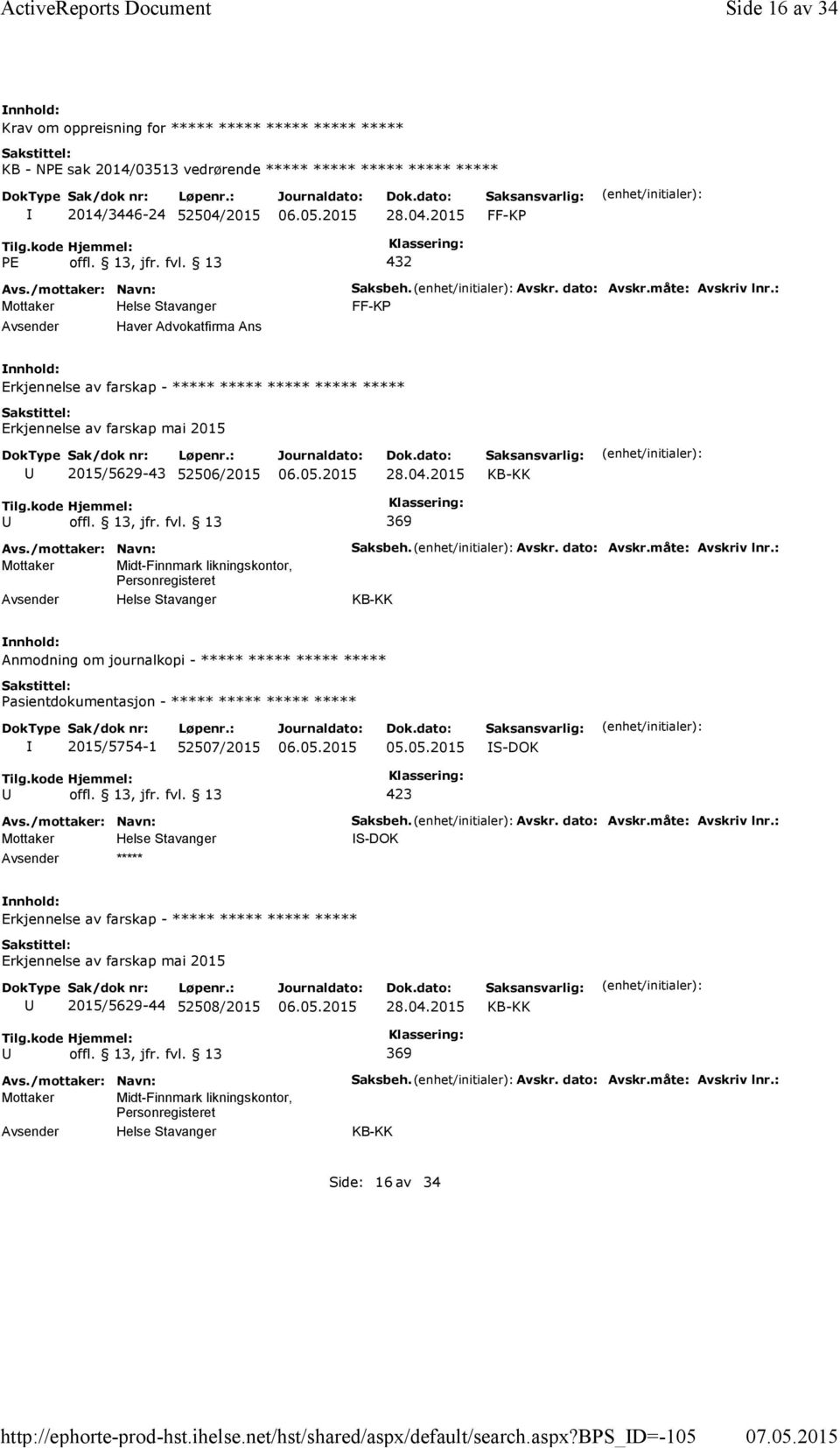 b_d=-105 Side 16 av 34 Krav om oppreisning for ***** ***** ***** ***** ***** KB - NPE sak 2014/03513 vedrørende ***** ***** ***** ***** ***** 2014/3446-24 52504/2015 FF-KP PE offl. 13, jfr.