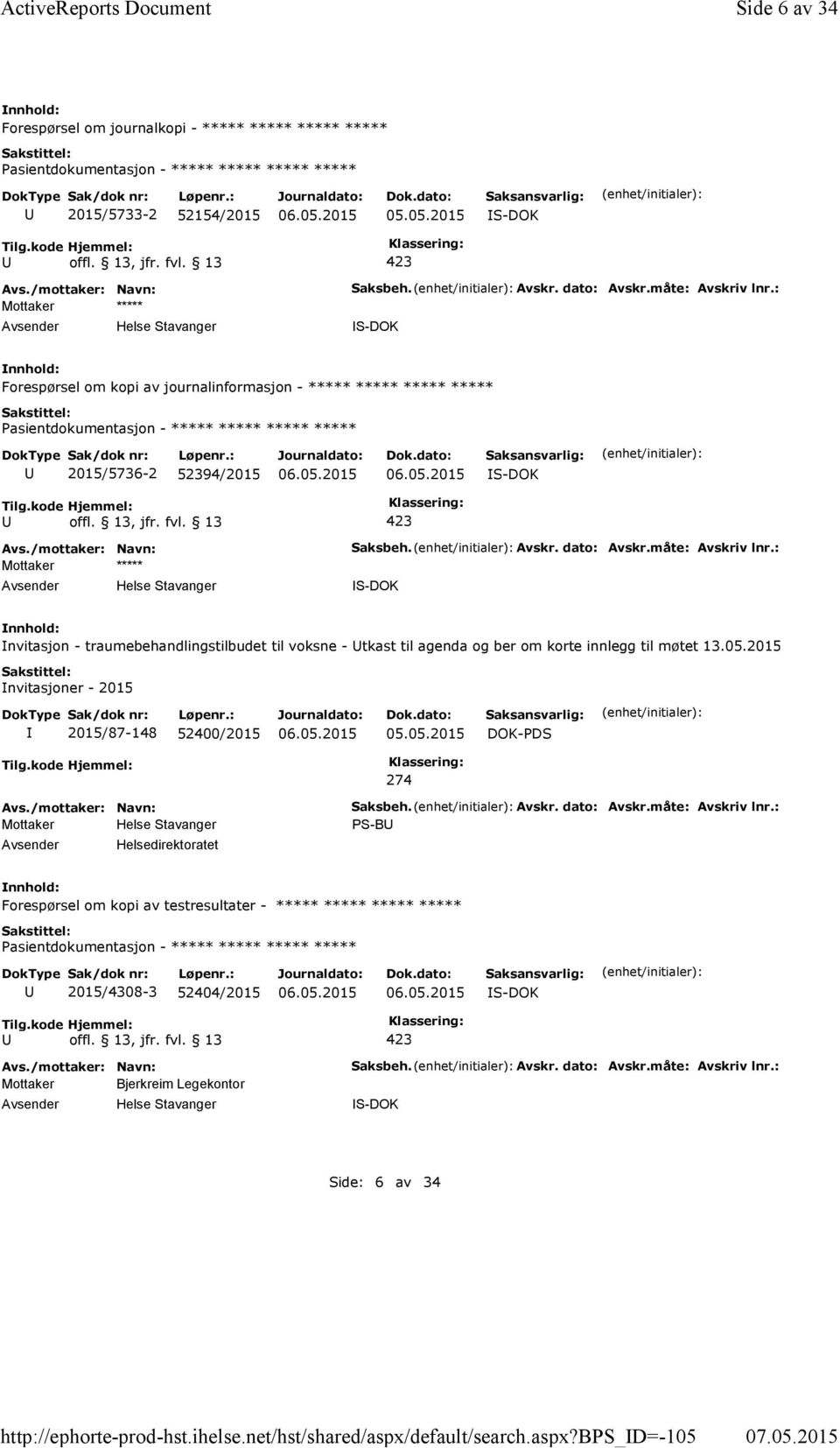 05.2015 nvitasjoner - 2015 2015/87-148 52400/2015 05.05.2015 DOK-PDS 274 Helsedirektoratet Saksbeh. Avskr. dato: Avskr.måte: Avskriv lnr.