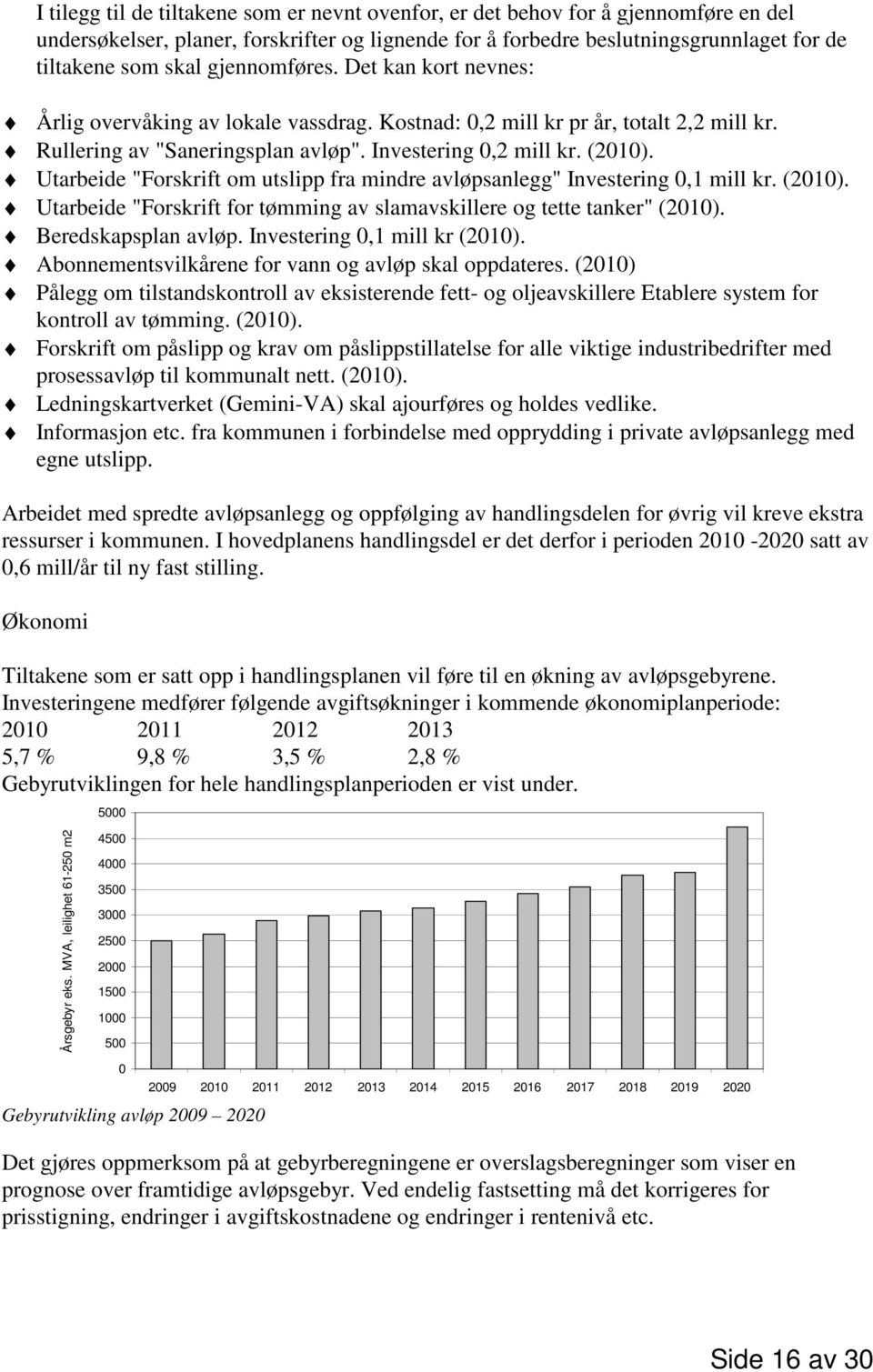 Utarbeide "Forskrift om utslipp fra mindre avløpsanlegg" Investering 0,1 mill kr. (2010). Utarbeide "Forskrift for tømming av slamavskillere og tette tanker" (2010). Beredskapsplan avløp.