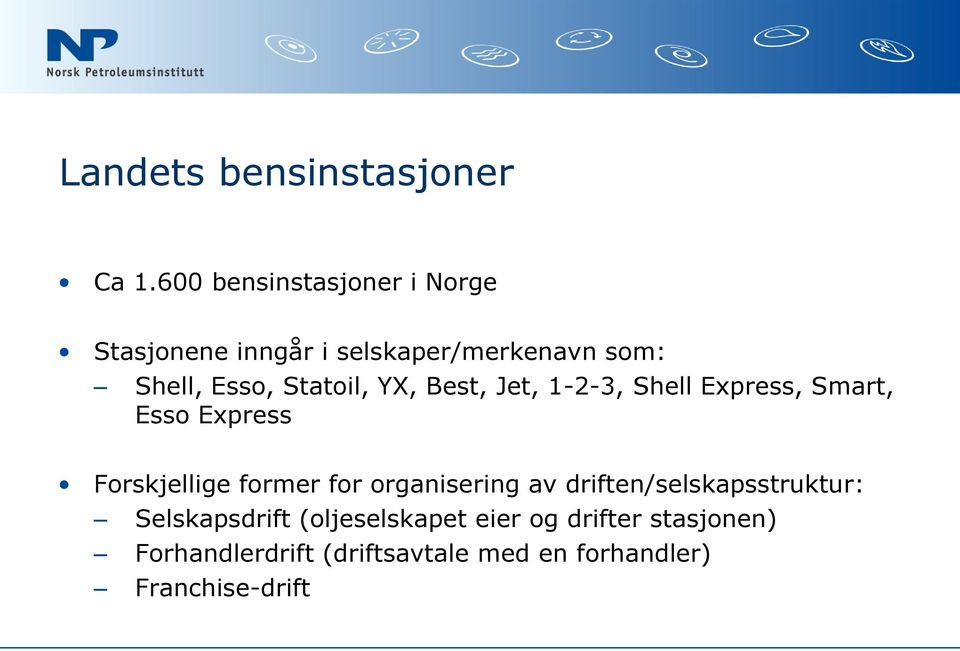 Statoil, YX, Best, Jet, 1-2-3, Shell Express, Smart, Esso Express Forskjellige former for