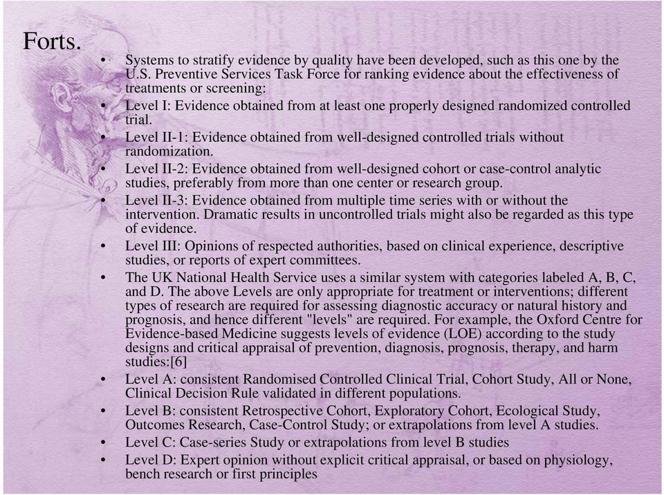 Preventive Services Task Force for ranking evidence about the effectiveness of treatments or screening: Level I: Evidence obtained from at least one properly designed randomized controlled trial.