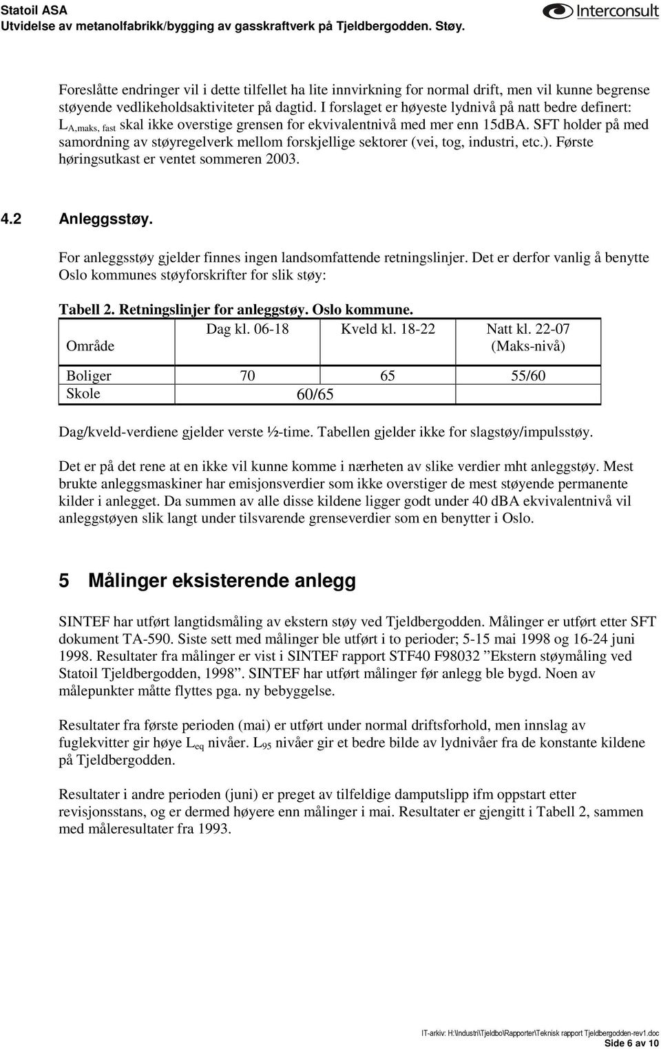 SFT holder på med samordning av støyregelverk mellom forskjellige sektorer (vei, tog, industri, etc.). Første høringsutkast er ventet sommeren 2003. 4.2 Anleggsstøy.